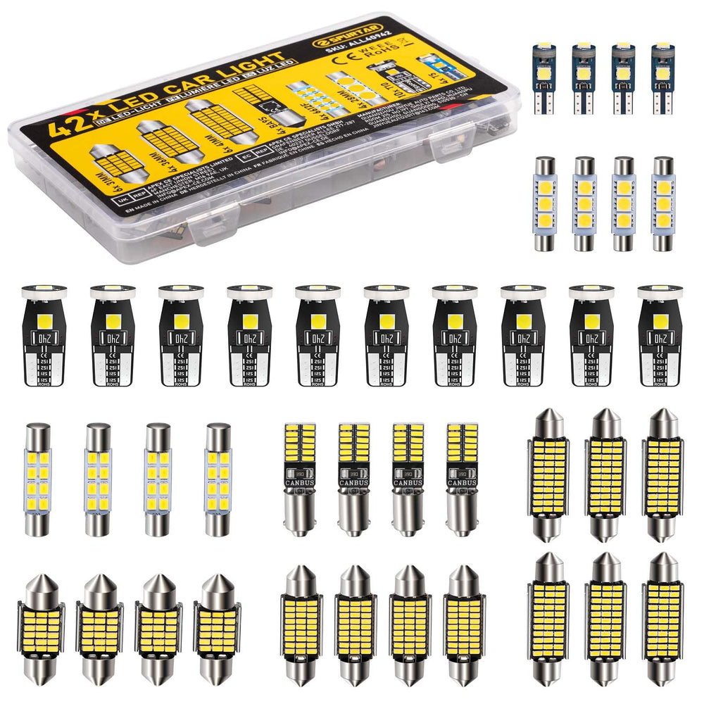 Spurtar 42PCS interior LED kit, dome and map bulbs, enhances cabin visibility