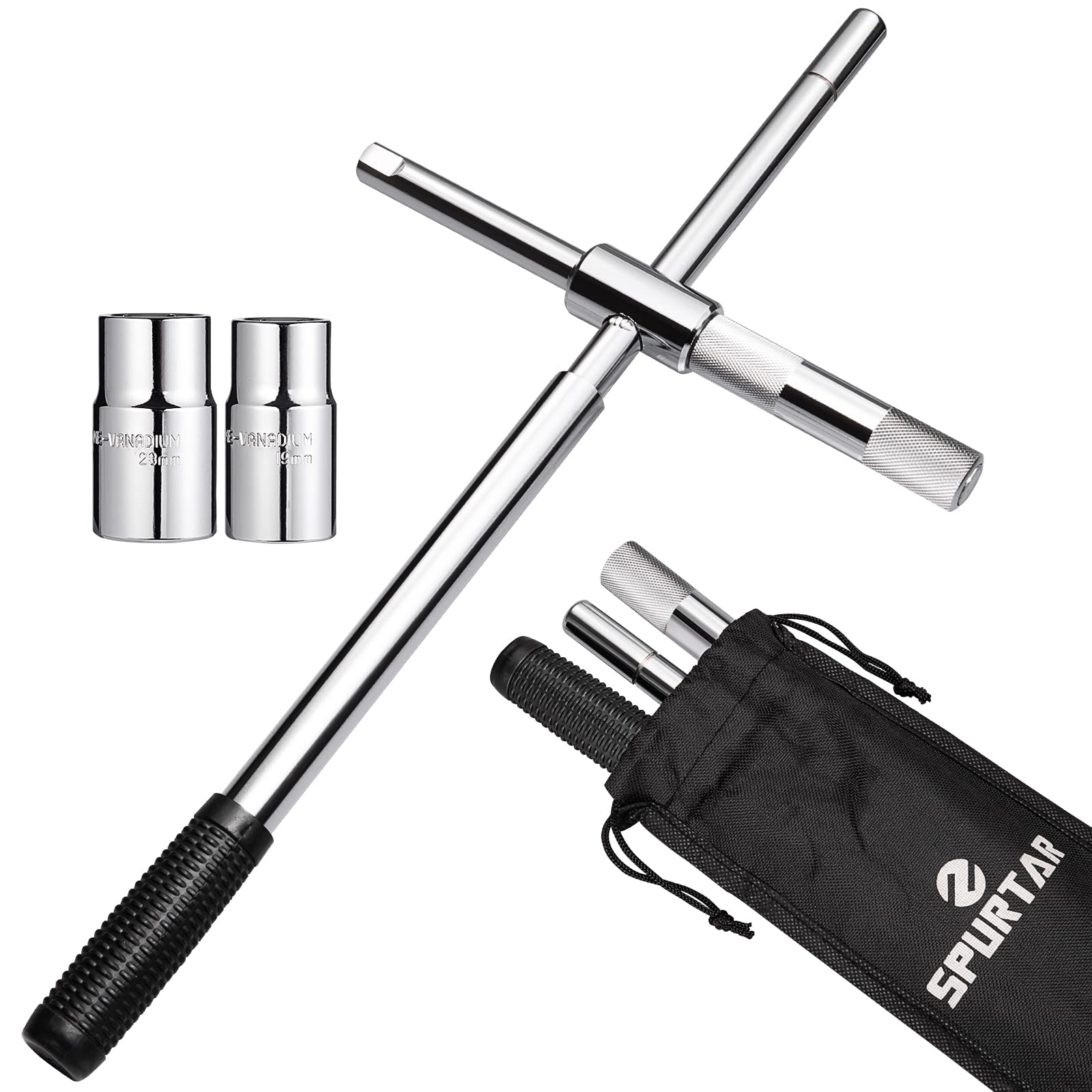 Spurtar extended 4-way lug wrench with long handle for easier tire changes.