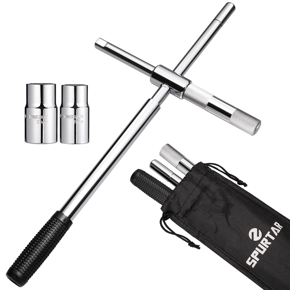 Spurtar extended 4-way lug wrench with long handle for easier tire changes.