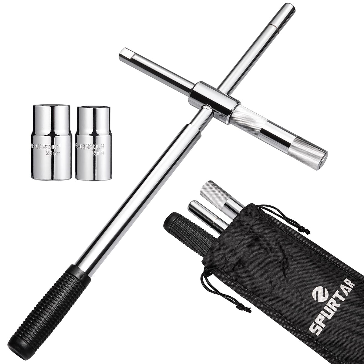 Spurtar extended 4-way lug wrench with long handle for easier tire changes.