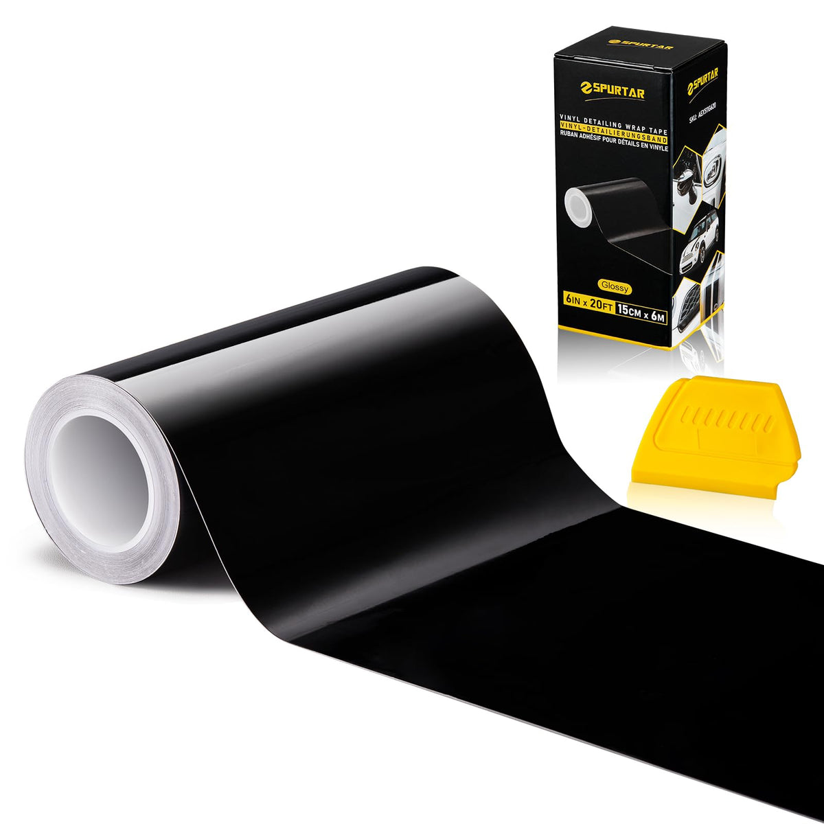 Spurtar gloss black wrap on a 6in x 20ft roll creates a bold, easy DIY vehicle upgrade