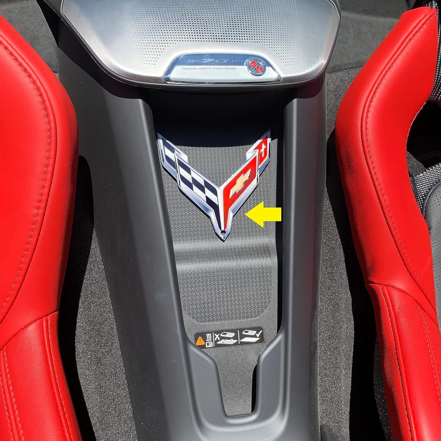 SR1 Performance waterfall bay chrome emblem shown in a C8 Corvette interior