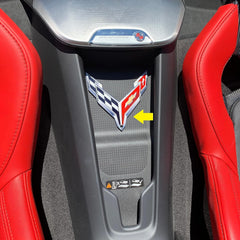 SR1 Performance waterfall bay chrome emblem shown in a C8 Corvette interior