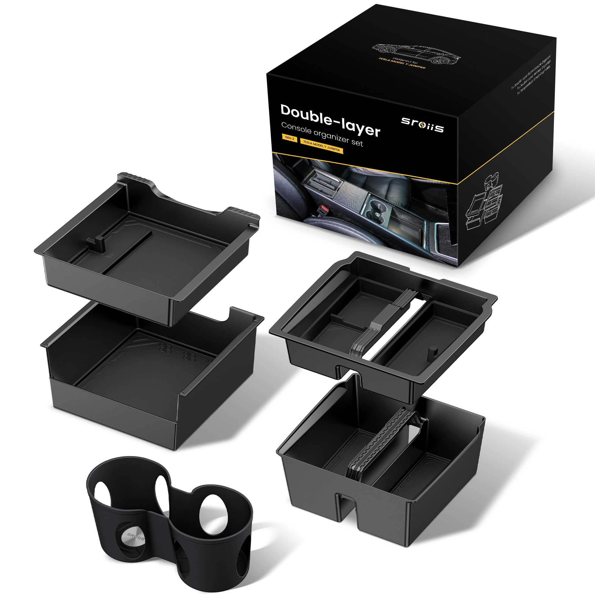 Sroiis Gen 2 upper tray two-tier setup keeps essentials within easy reach in Tesla Model Y.