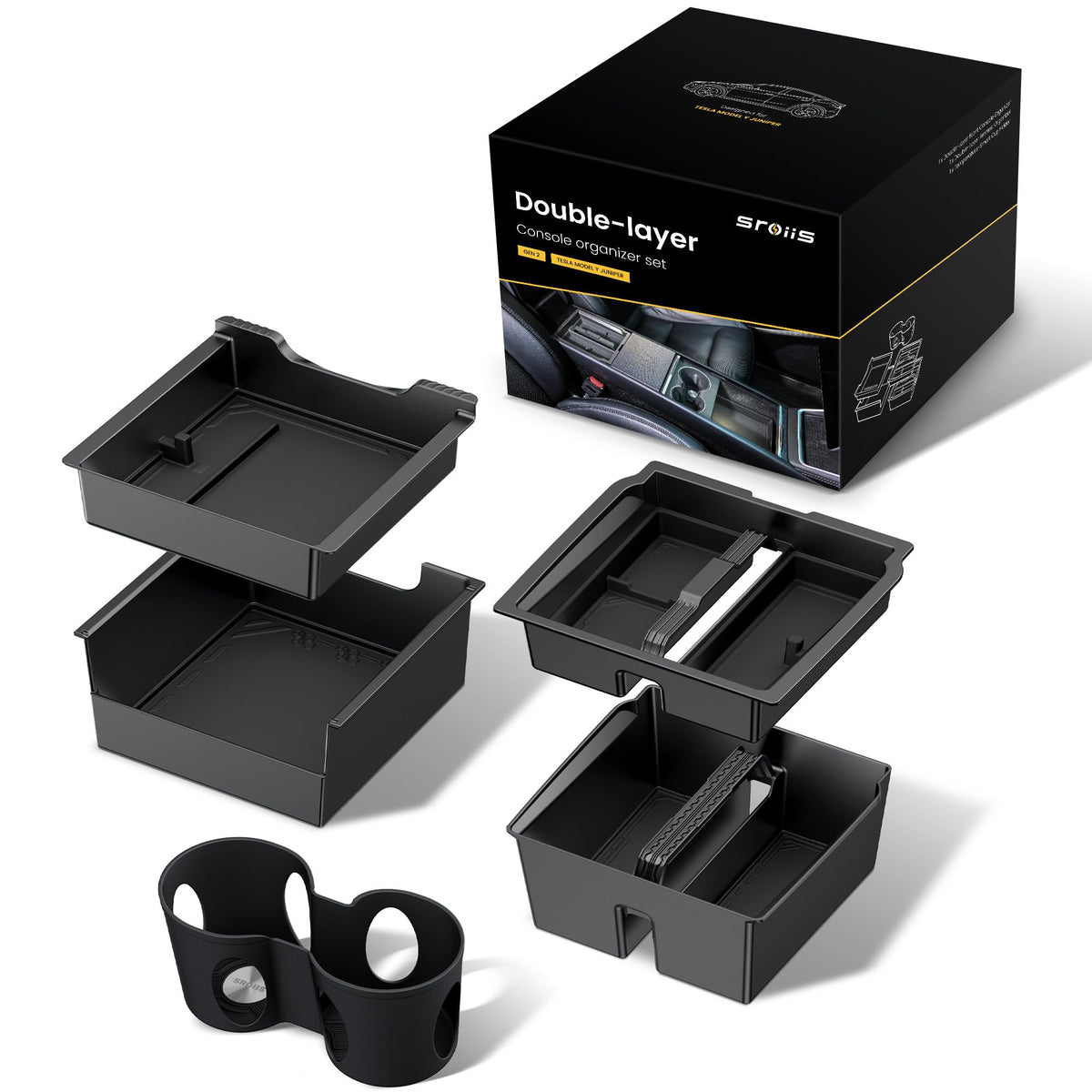 Sroiis Gen 2 upper tray two-tier setup keeps essentials within easy reach in Tesla Model Y.