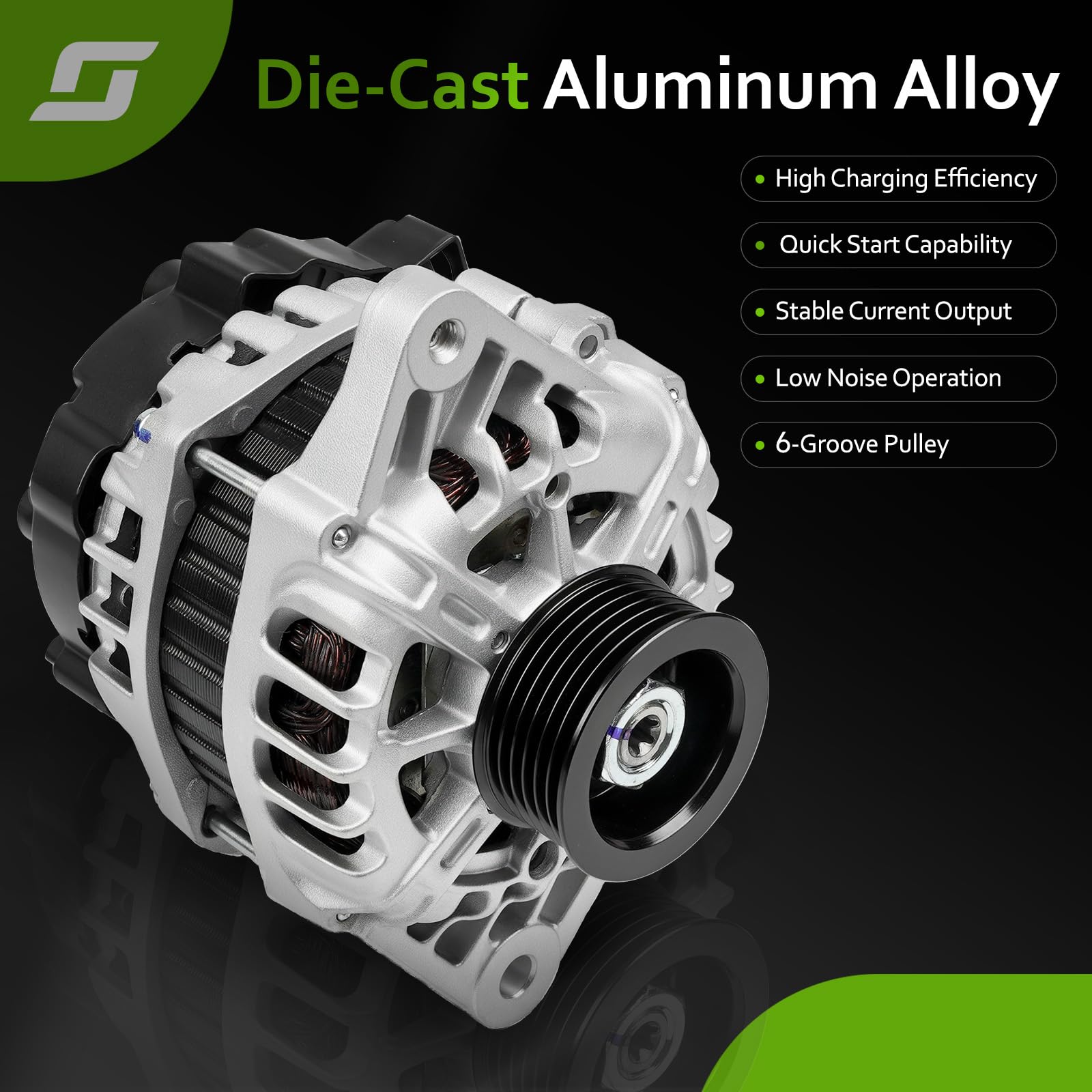 Srosant 6-groove pulley alternator close-up shows robust belt drive