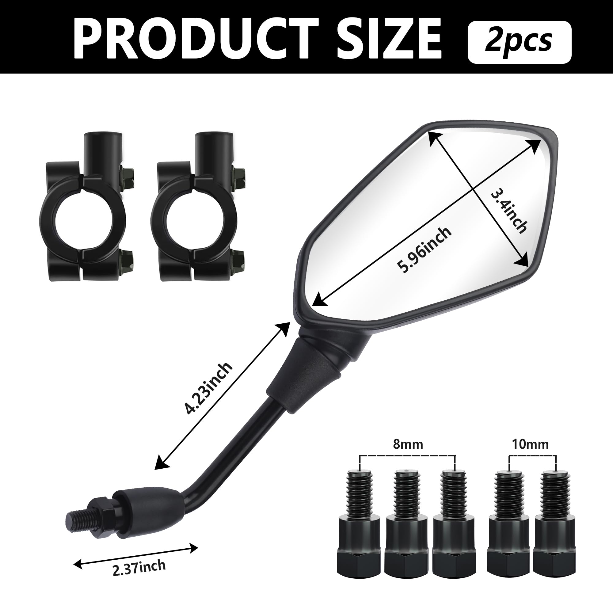 SSNNUU mirrors with thread converters and screws for versatile handlebar fitting.