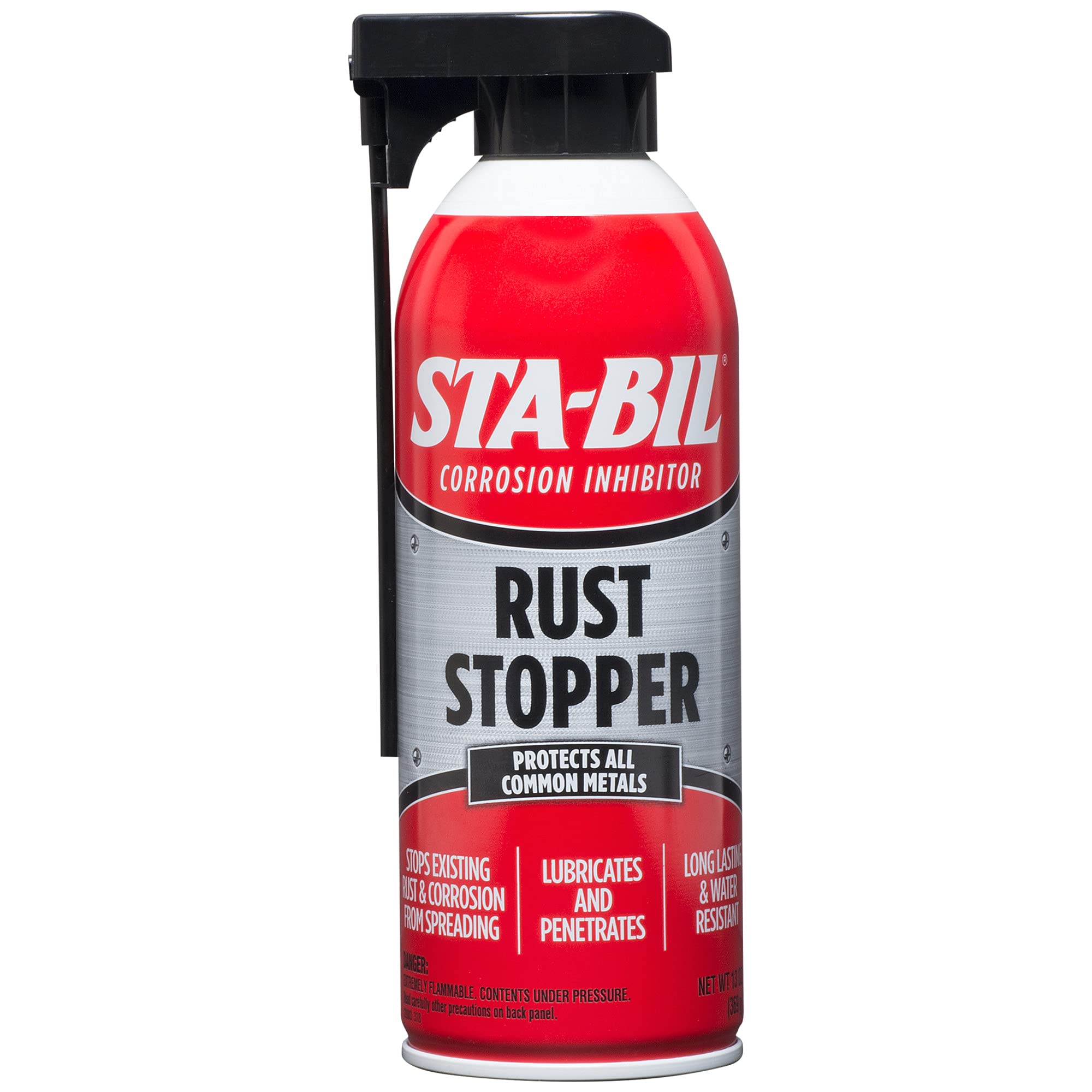 STA-BIL Rust Stopper bottle close-up showing clear protection on metal.