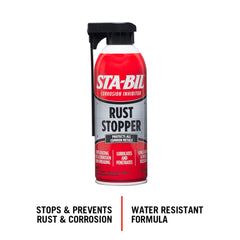 STA-BIL Rust Stopper spray action applying rust protection to metal.