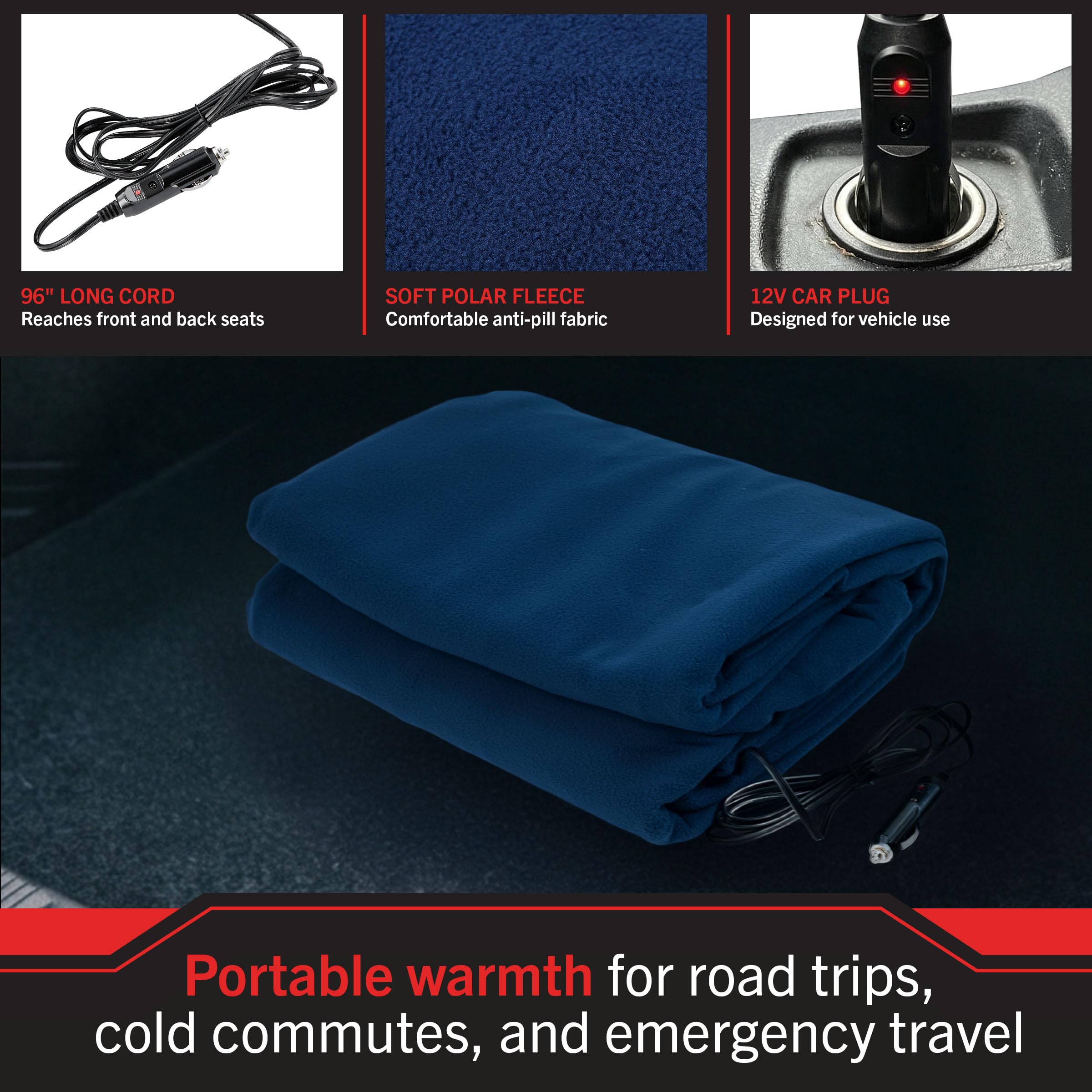 Stalwart navy-blue fleece blanket draped over seats during travel