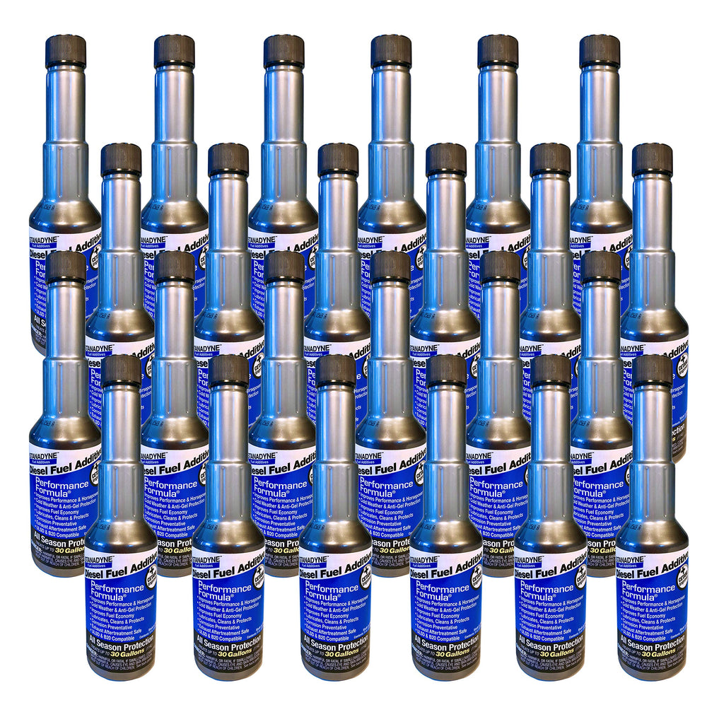 Stanadyne Performance Formula bottle being poured into diesel fuel for smoother combustion.