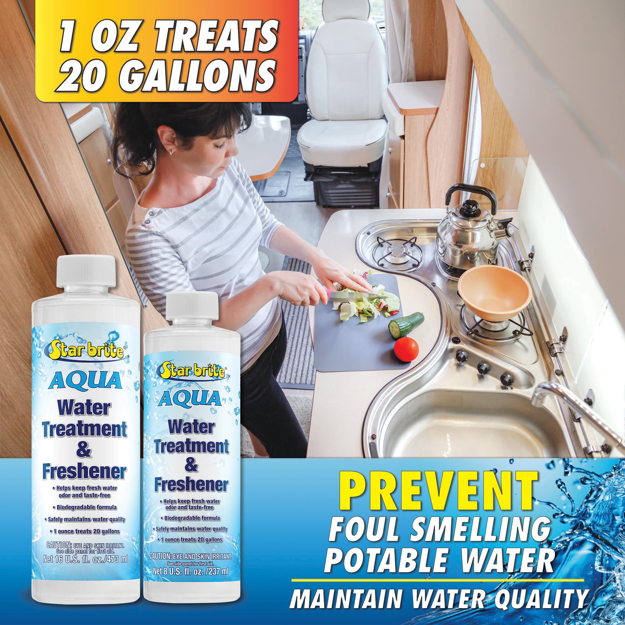 STAR BRITE Aqua Water Treatment & Freshener dispensing to refresh onboard water.