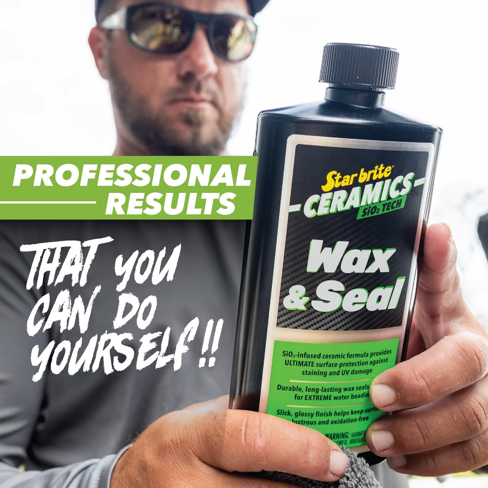 STAR BRITE Ceramics Wax & Seal on fiberglass panel highlights water beading and UV defense