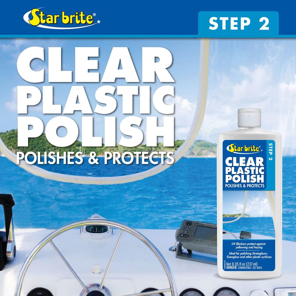 STAR BRITE Clear Plastic Polish Step 2 in use demonstrates fast maintenance with deep protective shine