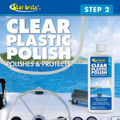 STAR BRITE Clear Plastic Polish Step 2 in use demonstrates fast maintenance with deep protective shine