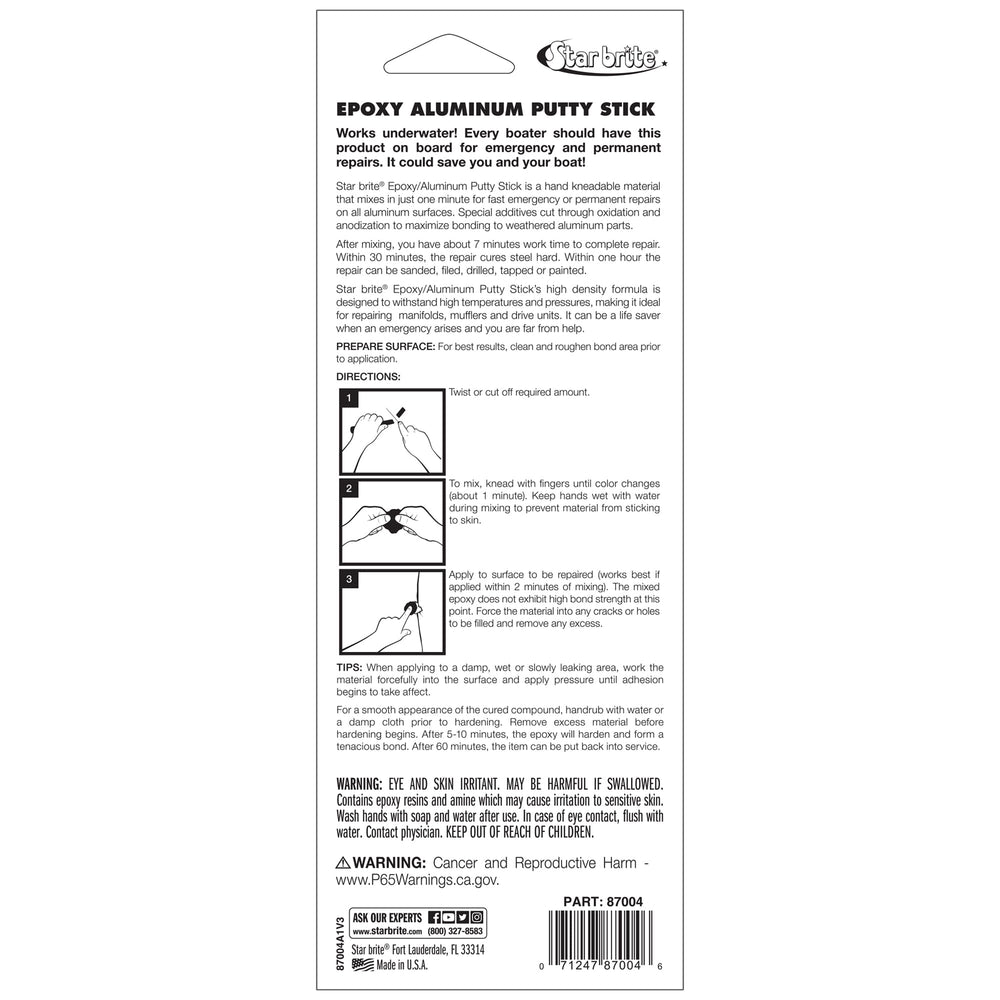 STAR BRITE putty stick sets quickly for fast on-site aluminum repairs