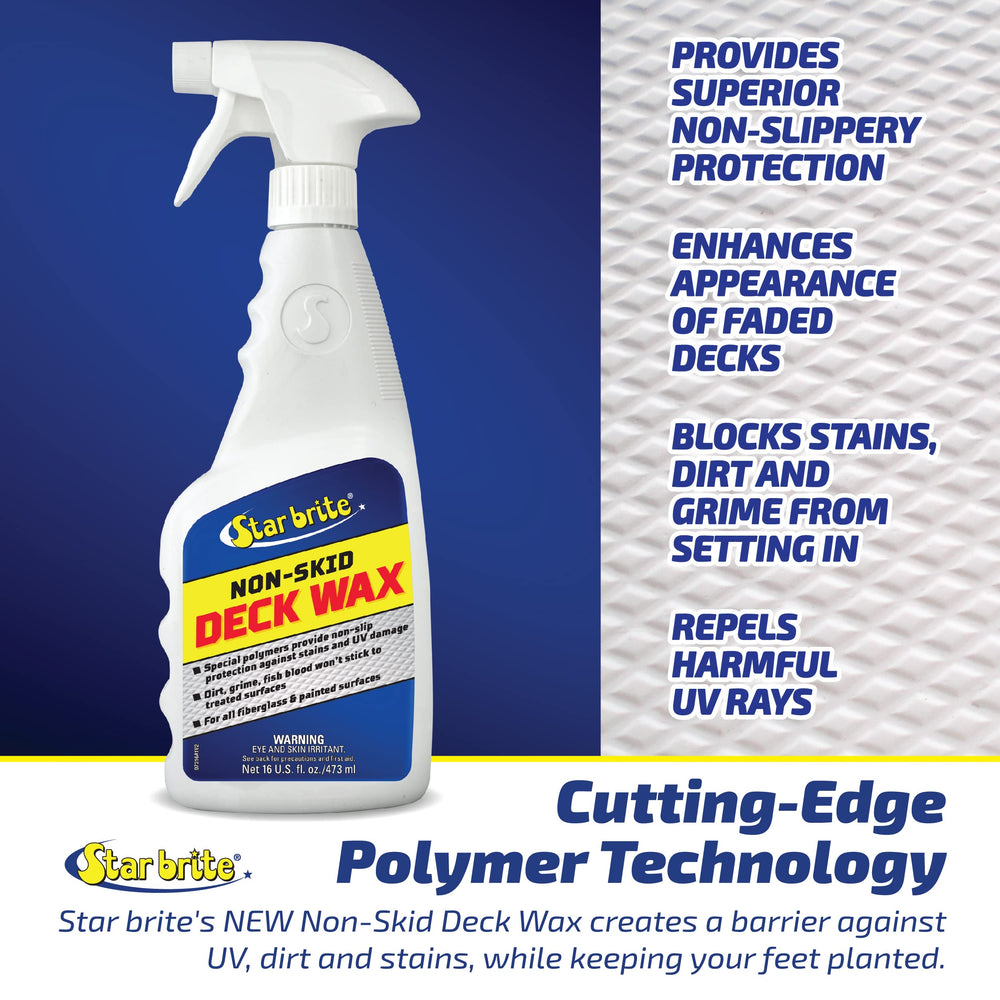 Star Brite deck wax provides UV protection to prevent fading on fiberglass surfaces.