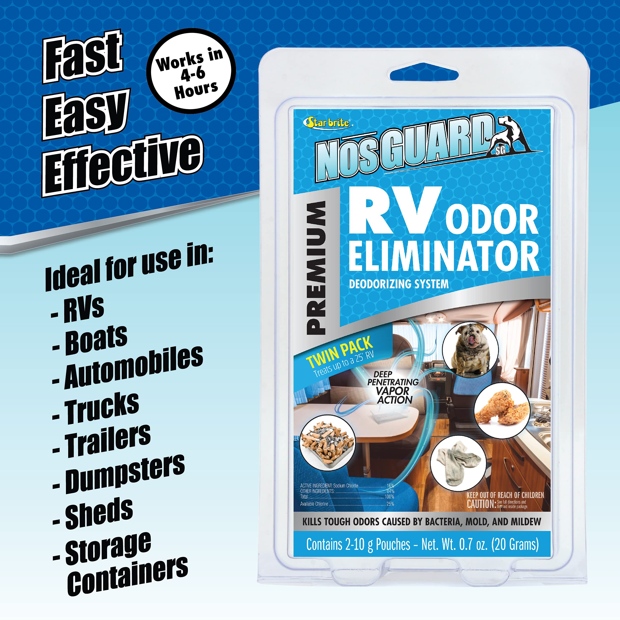 Activated NosGUARD pouch placed inside an RV to reduce odors quickly