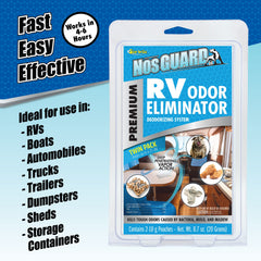 Activated NosGUARD pouch placed inside an RV to reduce odors quickly