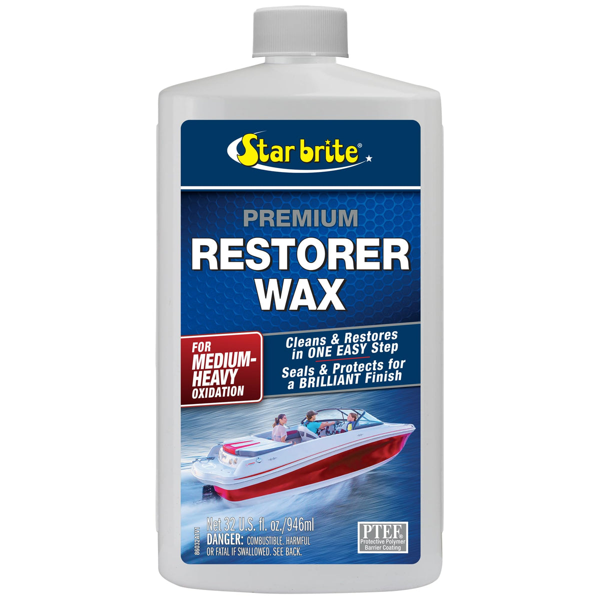 Star Brite Premium Restorer Wax removes oxidation for a brilliant hull finish