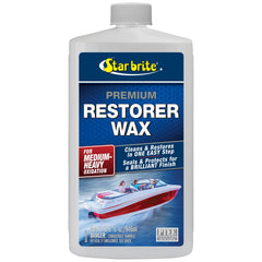 Star Brite Premium Restorer Wax removes oxidation for a brilliant hull finish