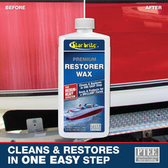 Star Brite Premium Restorer Wax provides UV protection and stain resistance for fiberglass