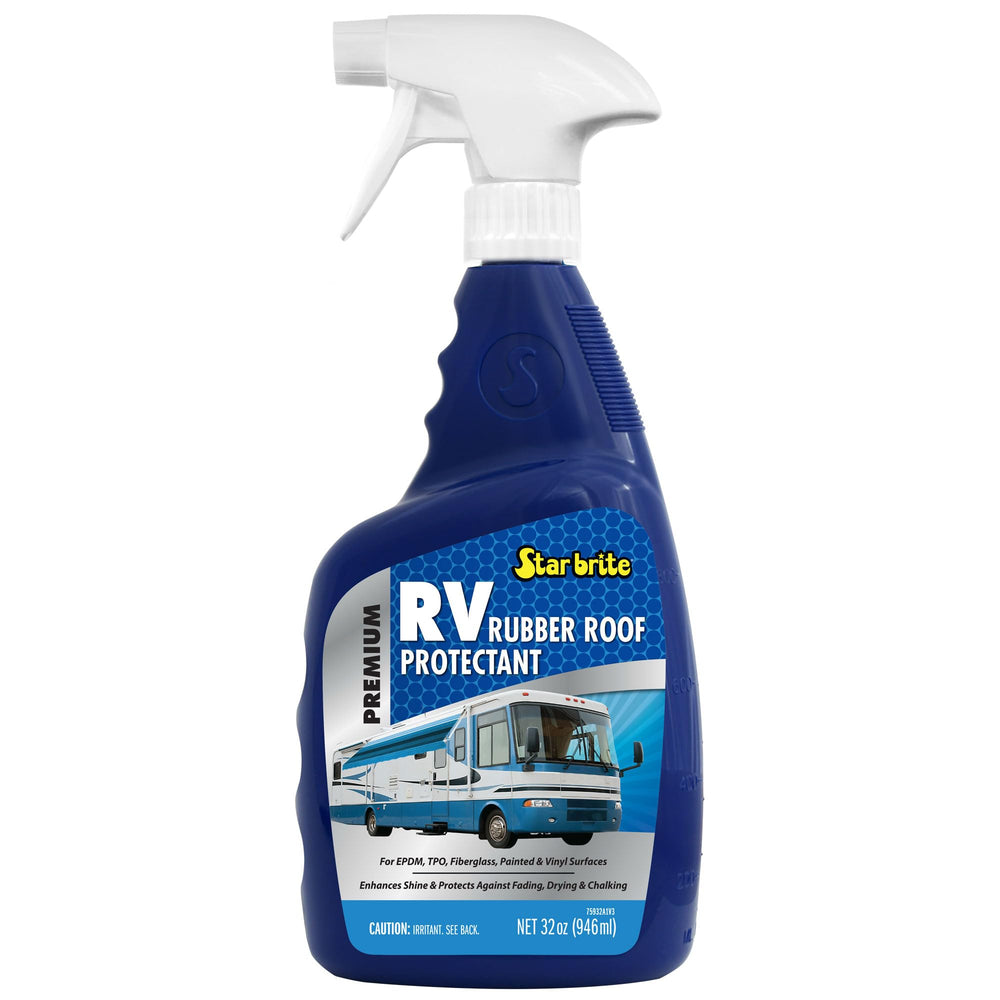 Star Brite Premium RV Rubber Roof Protectant bottle showing UV protection for durable roof shine