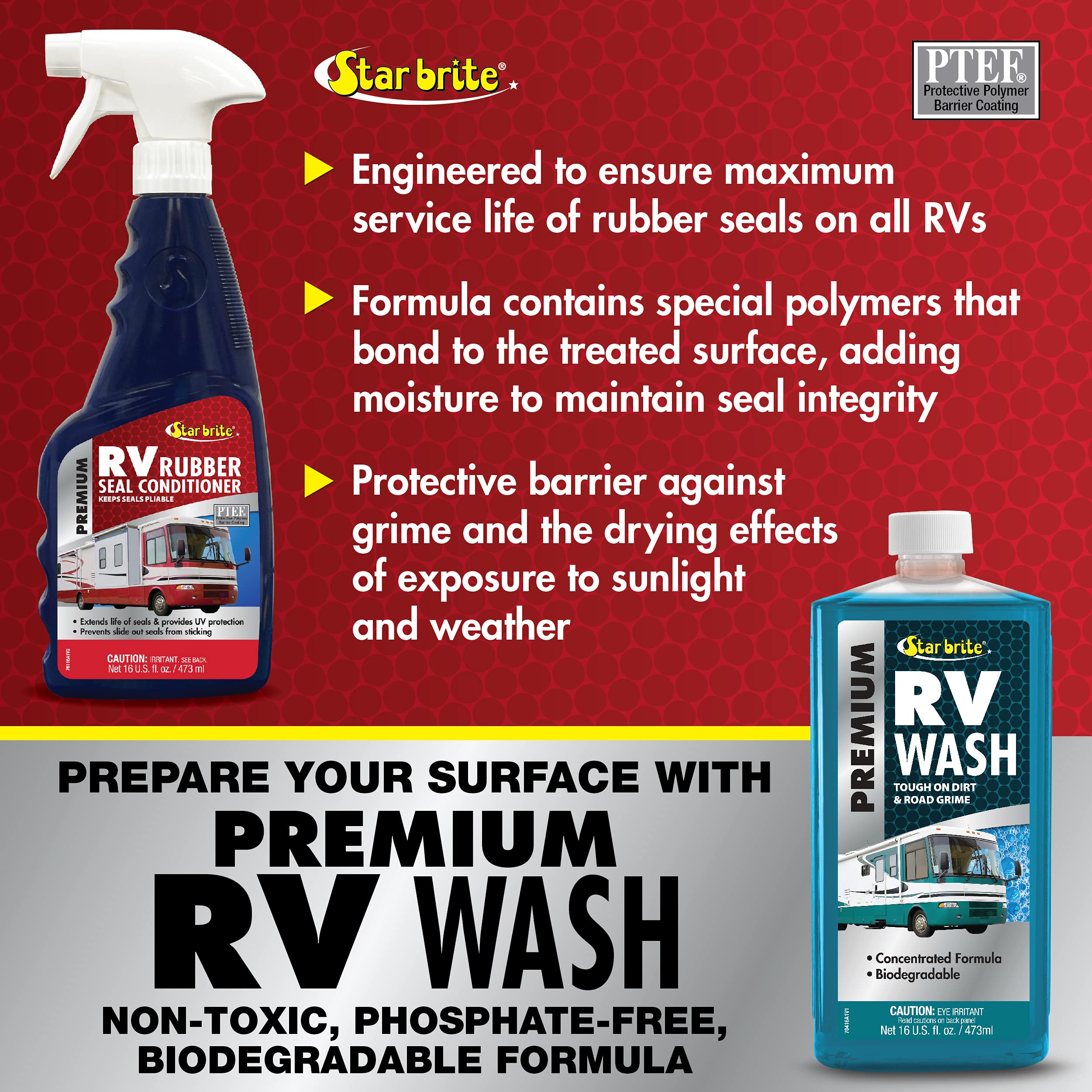 Star Brite Premium RV Conditioner illustrates UV protection for rubber seals.