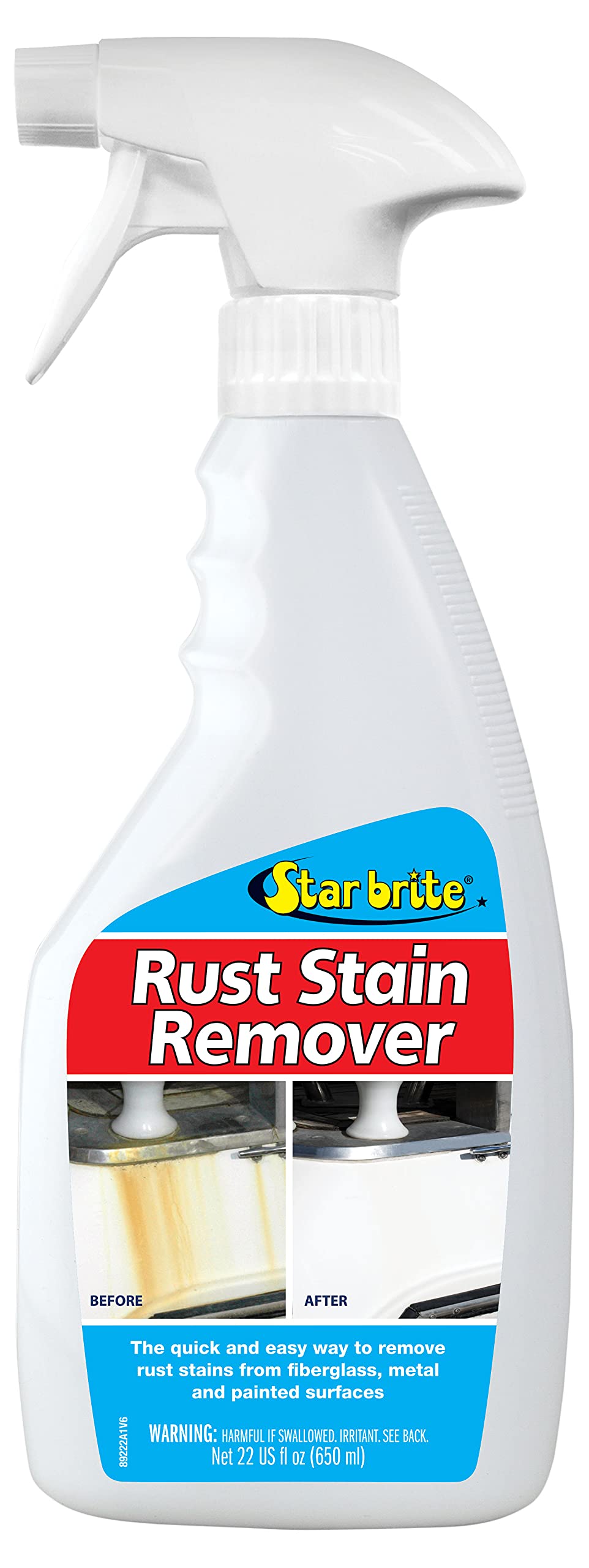 STAR BRITE Rust Stain Remover bottle on fiberglass surface for fast stain removal.
