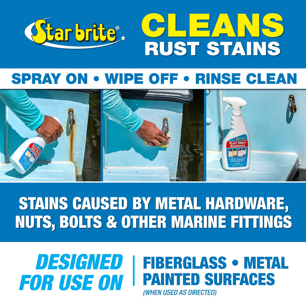 STAR BRITE Rust Stain Remover spray application demonstrates easy spray-on cleaning.