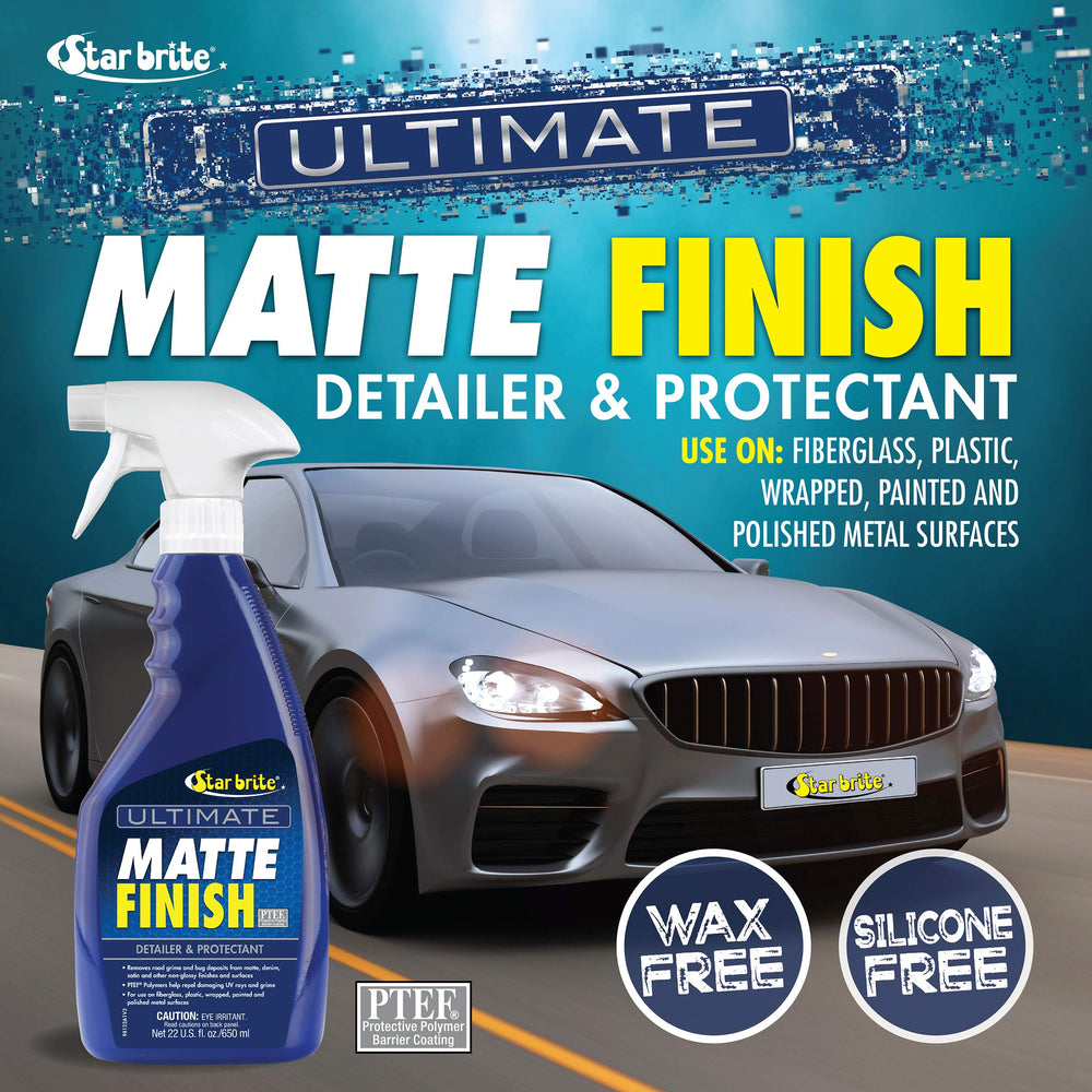 STAR BRITE Ultimate Matte Finish Detailer label highlights UV protection for matte surfaces.