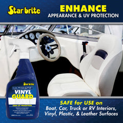 STAR BRITE Ultimate Vinyl Guard enhances surface shine on vinyl, plastic, and leather.