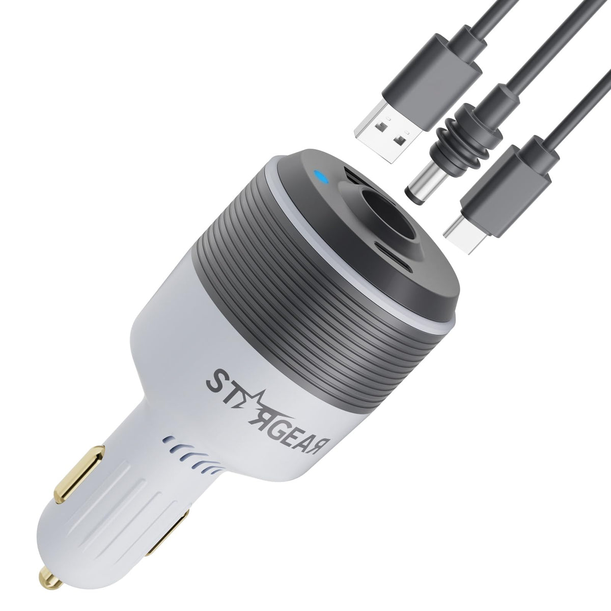 STARGEAR Starlink Mini Car Adapter front view with 24V output and USB ports.