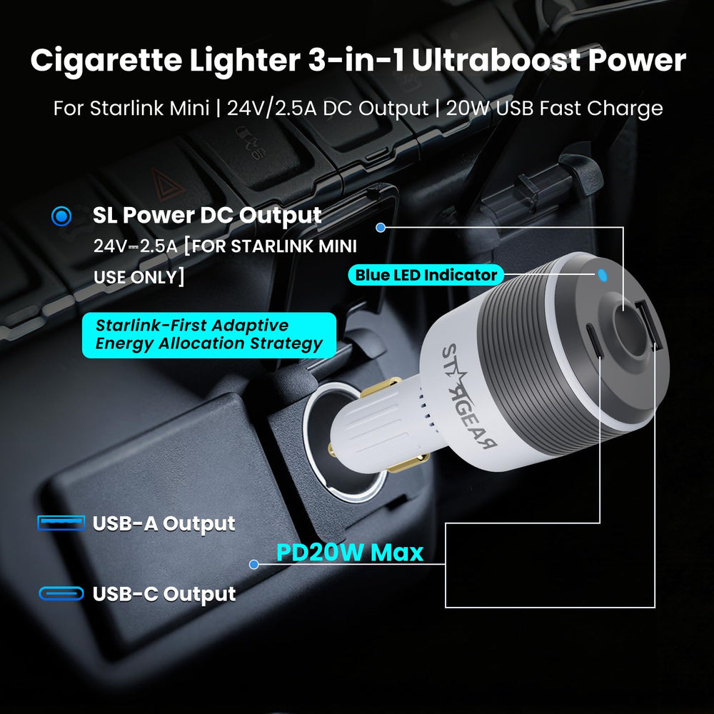 STARGEAR Starlink Mini Car Adapter ports open for dual USB charging.