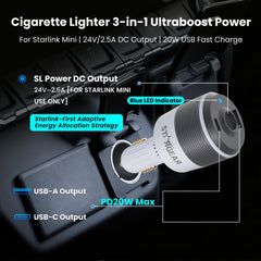 STARGEAR Starlink Mini Car Adapter ports open for dual USB charging.