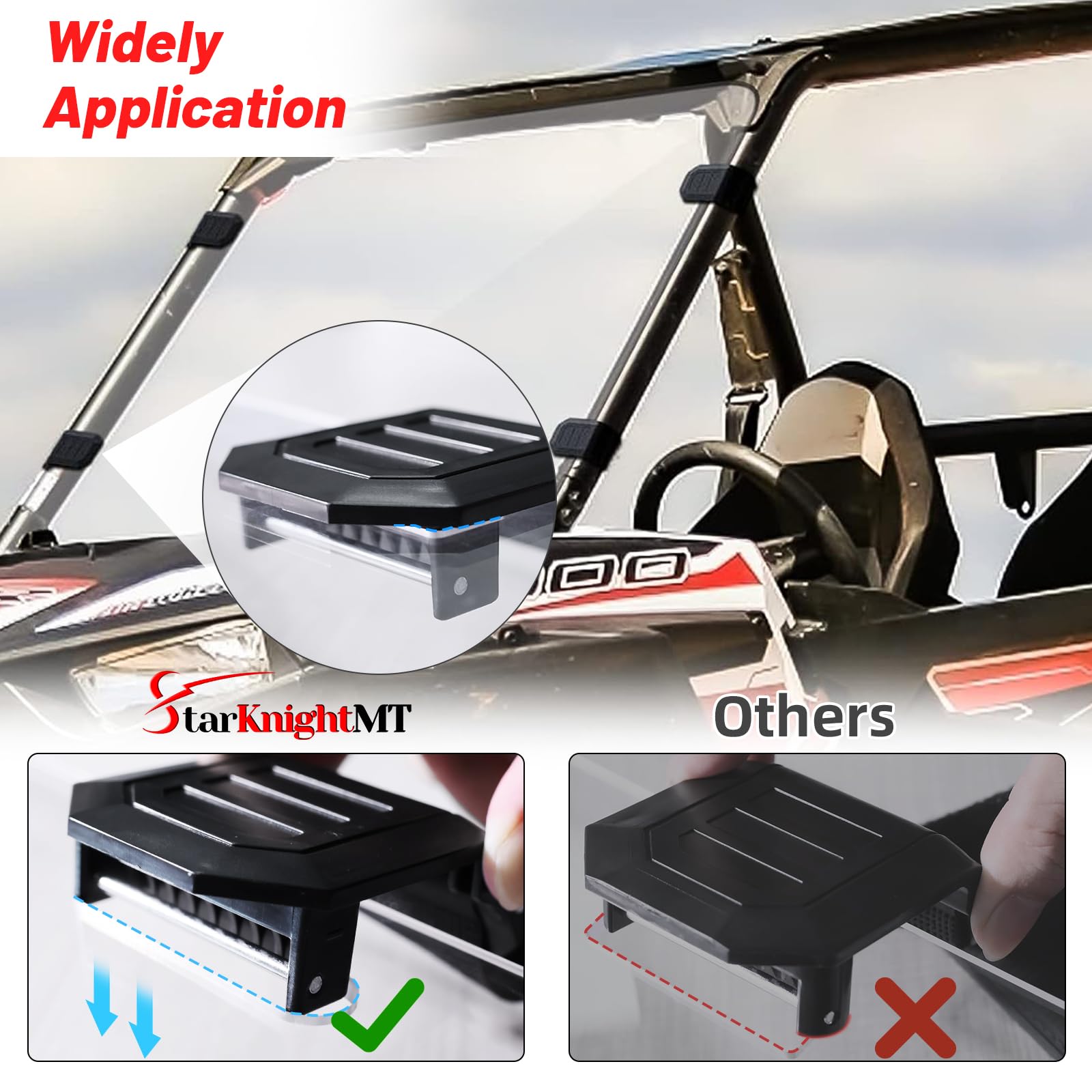 StarknightMT anti-vibration clamps reduce windshield wobble on rocky terrain.
