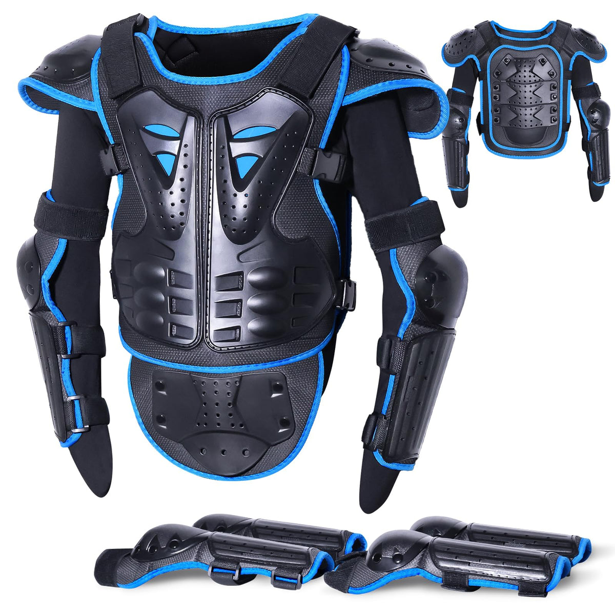 StarknightMT blue full-body armor front view showing protective shell for active kids