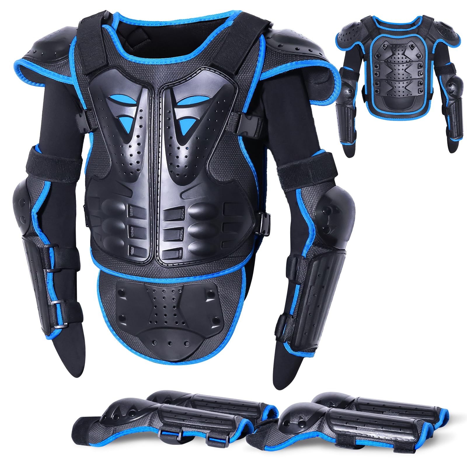 StarknightMT blue full-body armor front view showing protective shell for active kids
