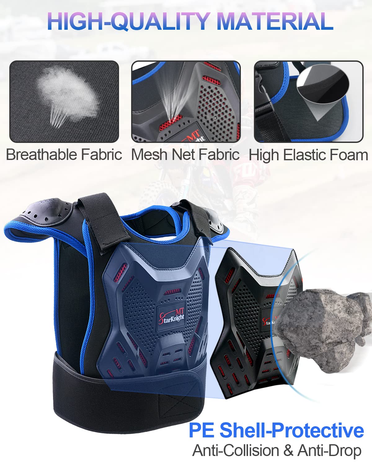 StarknightMT chest protector front blue shields the chest during dirt riding.