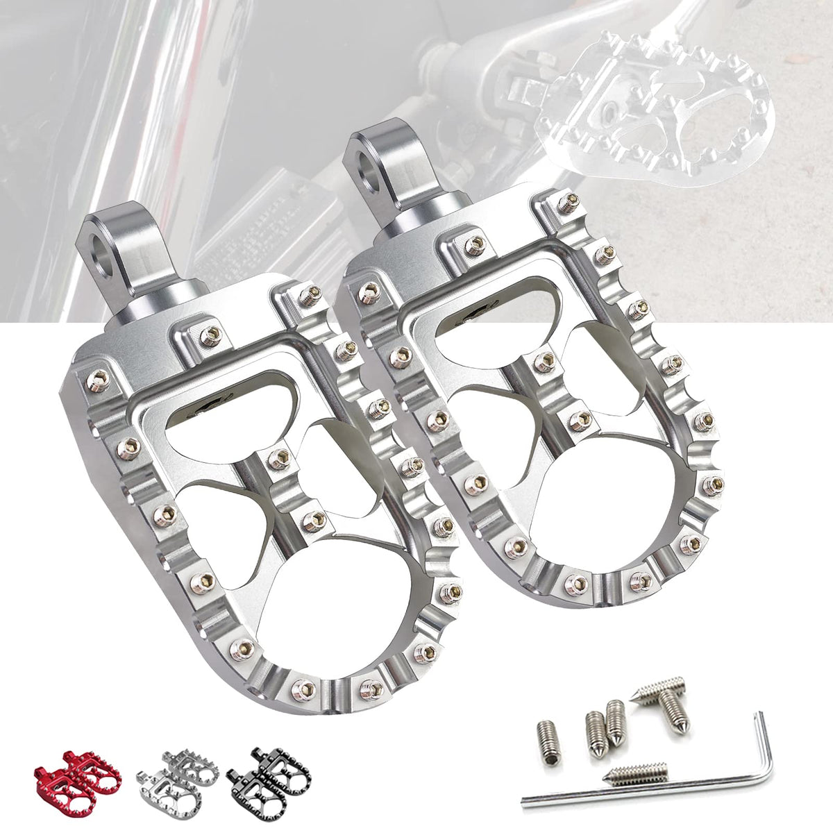 StarknightMT CNC wide fat foot pegs with 360° rotation for versatile riding positions.