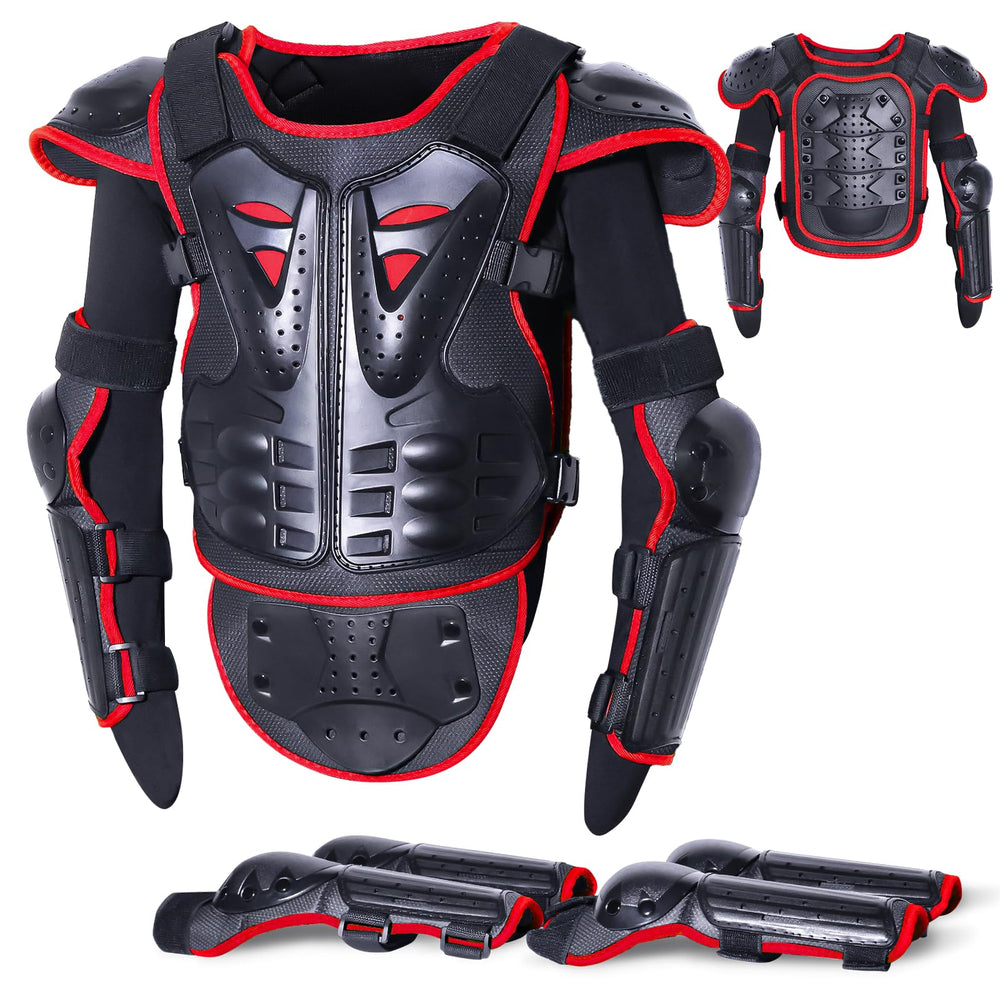 StarknightMT full-body armor suit front view for kids on a dirt bike, protective gear in action.