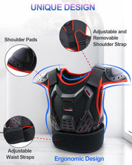 StarknightMT kids chest protector back view with PE shell coverage for growing riders.