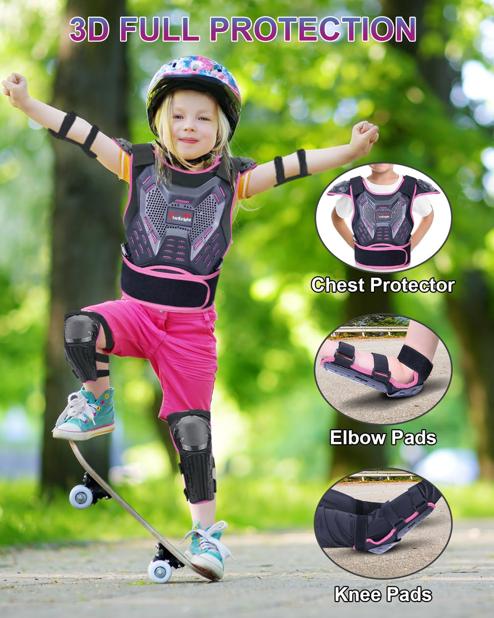 StarknightMT Kids Dirt Bike Gear elbow and knee pads provide joint protection.