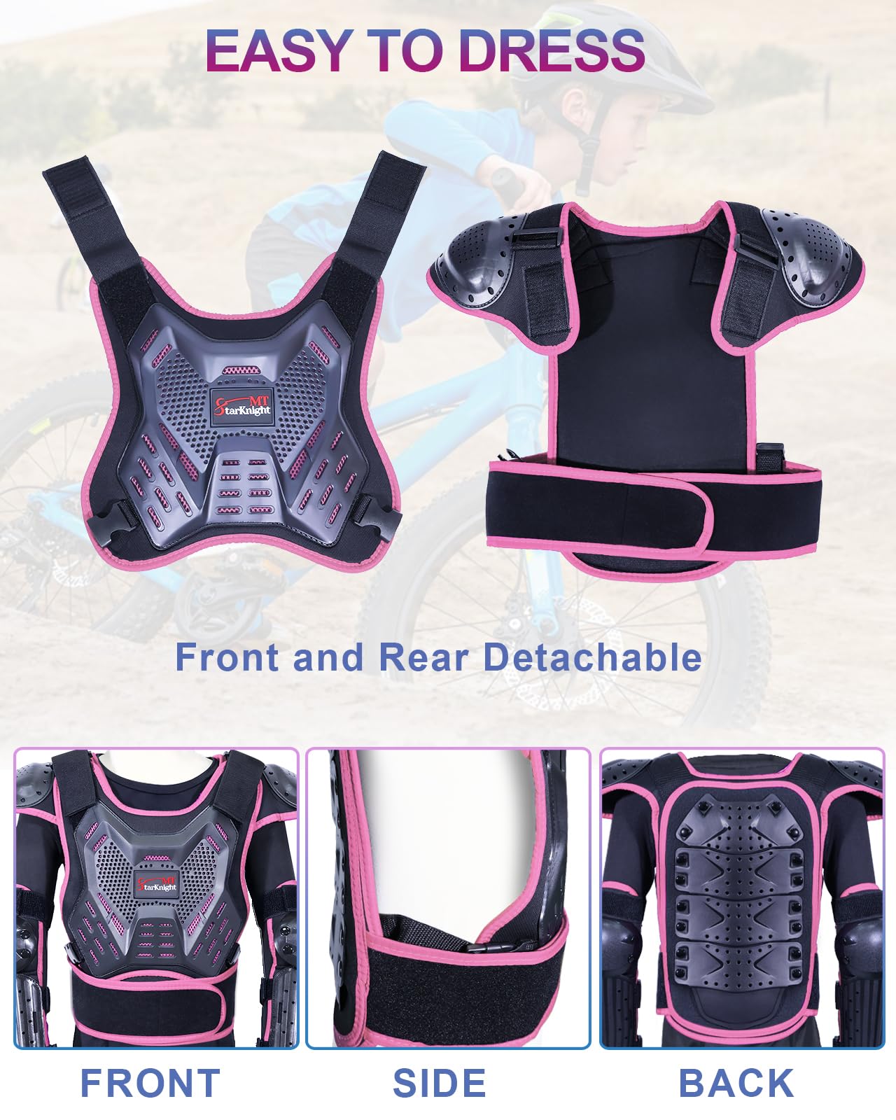 StarknightMT Kids Dirt Bike Gear quick-release straps simplify dressing as kids grow.