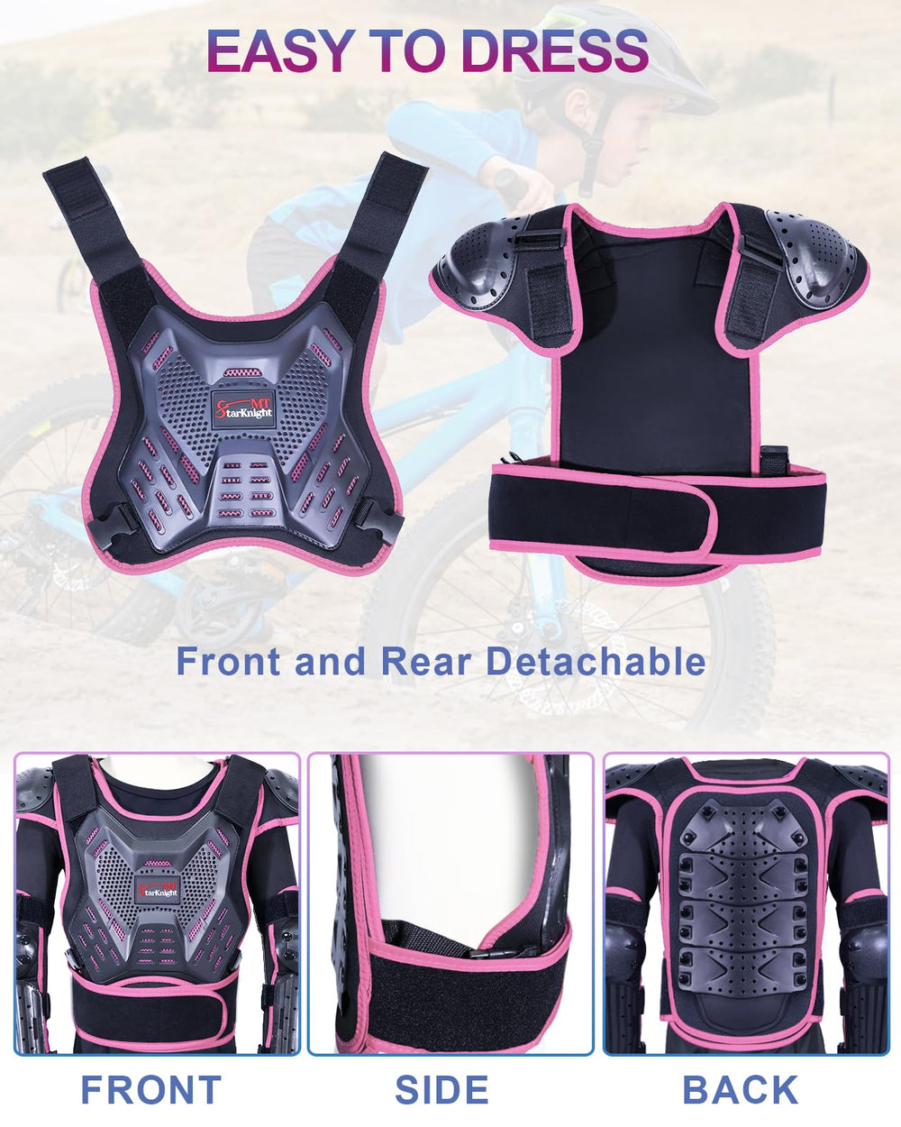 StarknightMT Kids Dirt Bike Gear quick-release straps simplify dressing as kids grow.