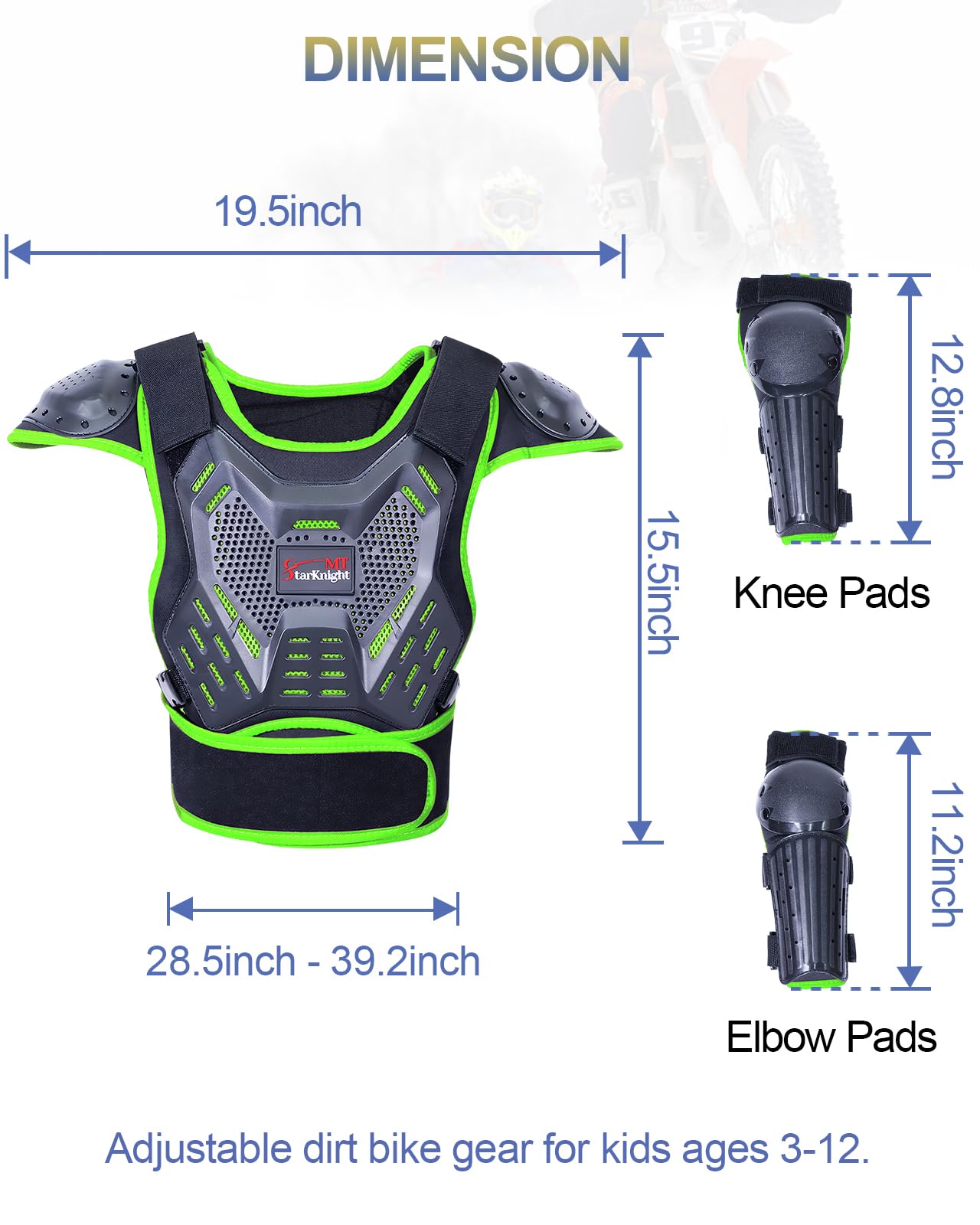 StarknightMT Kids Chest Protector size range fits ages 3-12