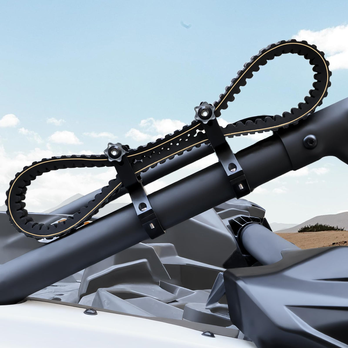 StarknightMT UTV belt mount on roll bar showing universal 1.5-2 inch compatibility and easy access.