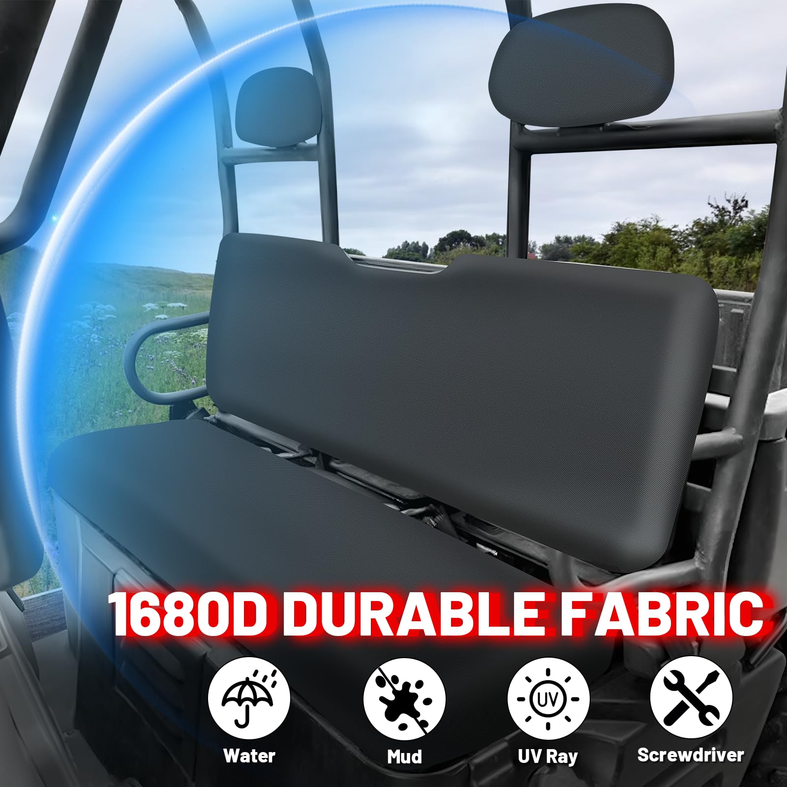StarknightMT UTV Ranger seat cover fabric close-up shows waterproof coating.