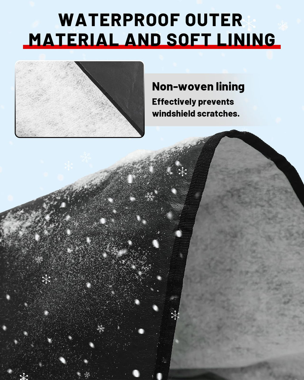 StarknightMT windshield cover showing 800D durable material and scratch resistance