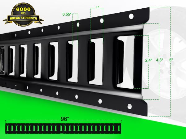STARLEAPARTS 8ft E Track rail close-up shows 48 anchor slots for versatility.